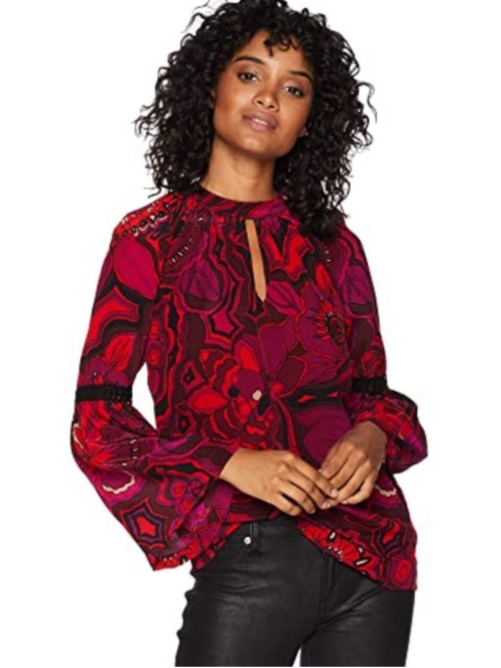 Trina Turk Silk Blouse Brinley Abstract Floral Bell Sleeve Keyhole Red XSmall